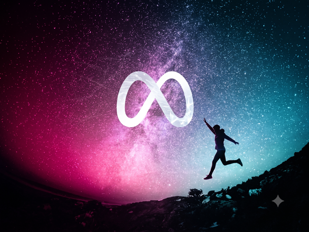 Andromeda galaxy with Meta logo in white and a man jumping